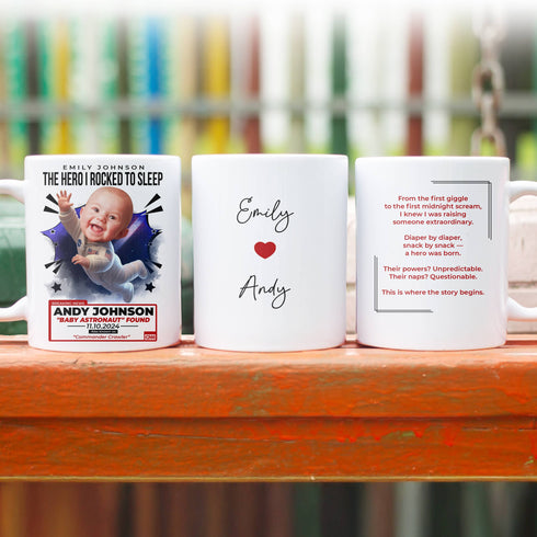 Personalized Baby Astronaut Mug – Custom Name, Photo & Hero Story for Mom – “Commander Crawler” Gift